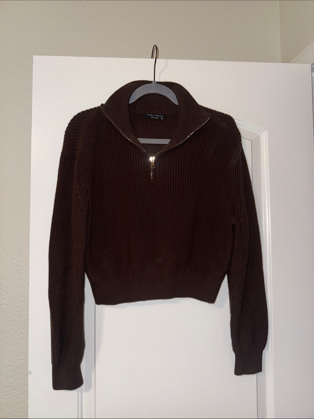 Final Touch Chocolate Brown Ribbed Half-Zip Sweater